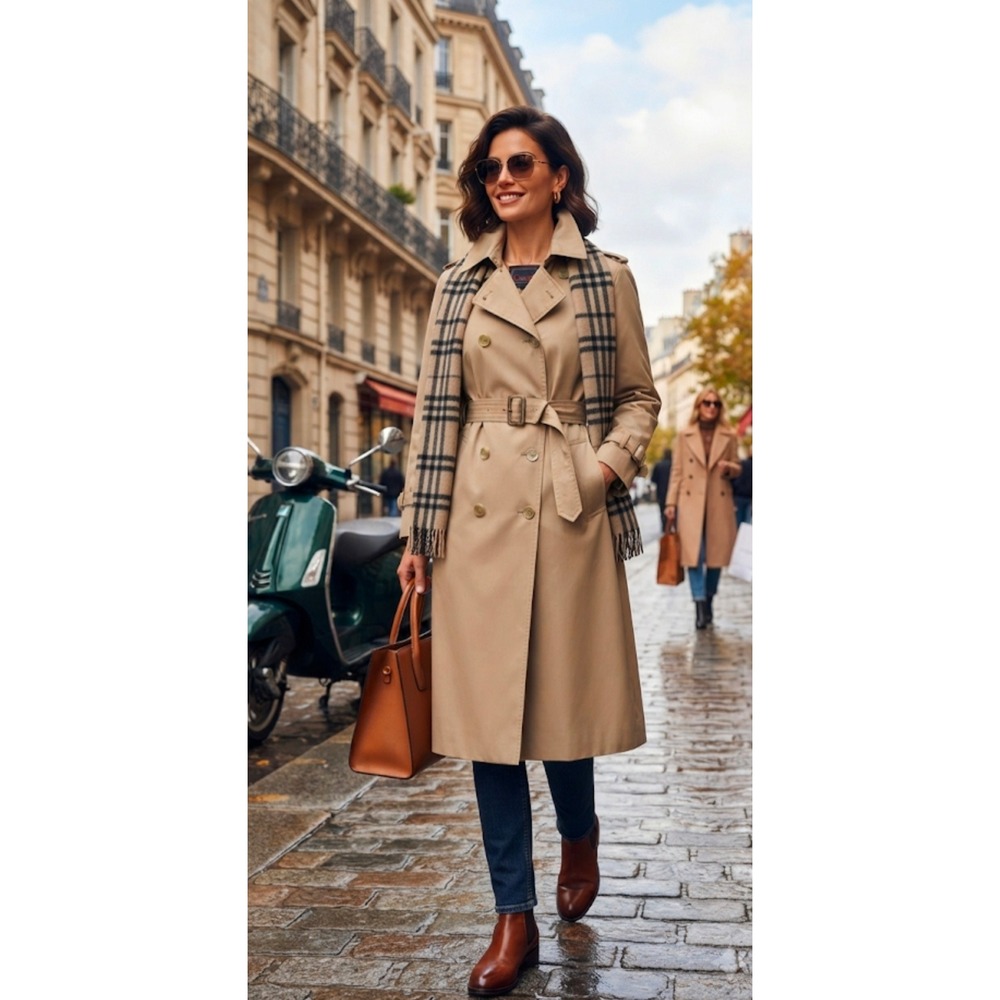 Classic Tan Double Breasted Trench Coat with Plaid Scarf Detail Khaki Size 12